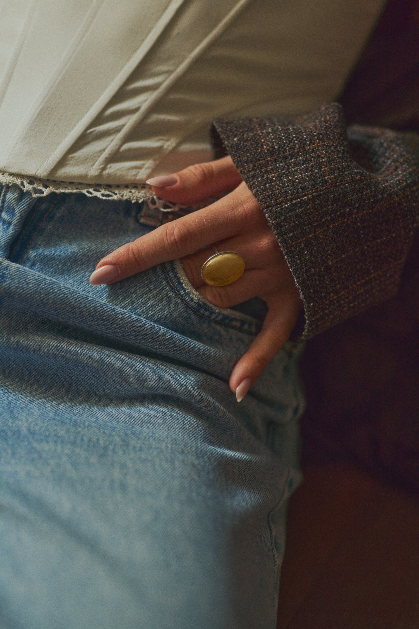 Classic oval white amber ring
